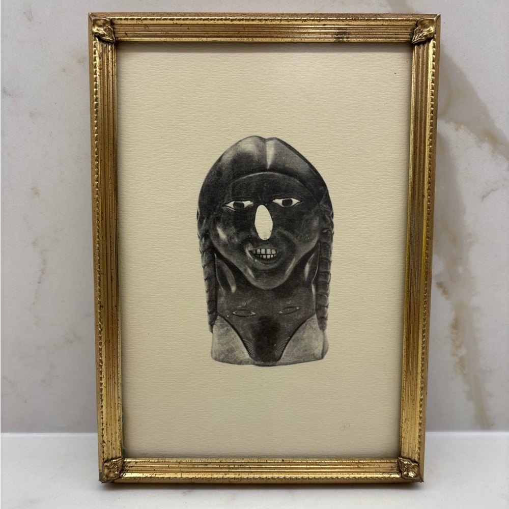 Vintage Black and White Indiginous Art Ink Print in Gold Metal Frame